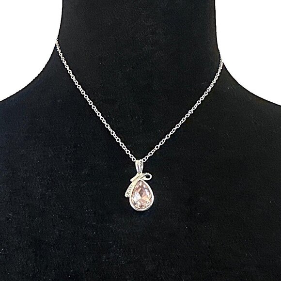 Pink Tear Drop Pendant Necklace Crystal Accent Silver Tone Adjustable Length - Picture 1 of 2